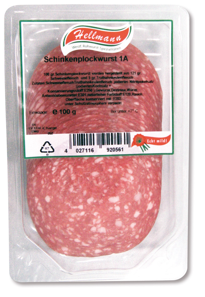 Schinkenplockwurst 1Aa, 100 g geschnitten